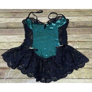 Vintage Pandora Kelly Green Black Ruffle Lace Bow Lingerie  Size Small USA